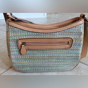 Liz Claiborne Colorful Woven Rattan Shoulder Bag with Tan Trim, Boho, Coastal